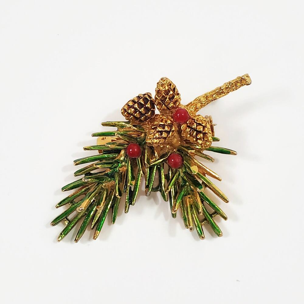 Vintage ART Pine Cone Needle Branch Christmas Holiday Brooch Pin
